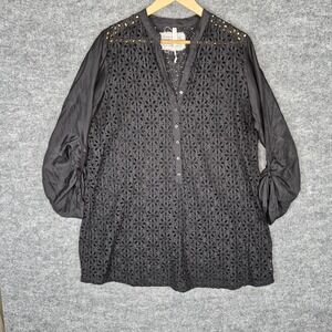 Vintage Johnny Was Eyelet 100% Silk‎ Dress Roll-Tab Sleeve Bohemian Size L Black